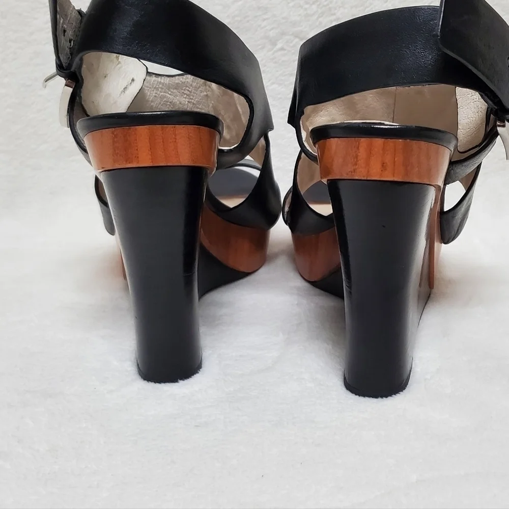 MICHAEL Kors Carla Black Leather Faux Wood Platform Wedge Strappy Sandal 9.5